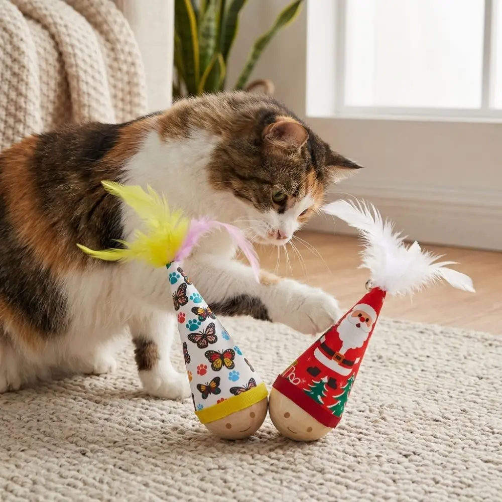Colorful Feather Cat Tumbler Toy Self-Righting Dynamic Shaking Feather Bell Cat Teaser Cartoon Pattern Wooden Base