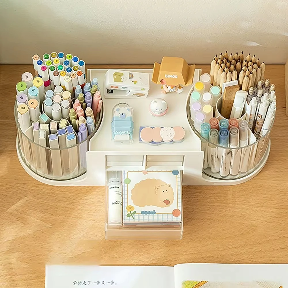 360° Rotatable Pen Holder Desk Organizer Large Capacity Stationery Storage Box Multi Grid Desktop Caddy for Student Supplies