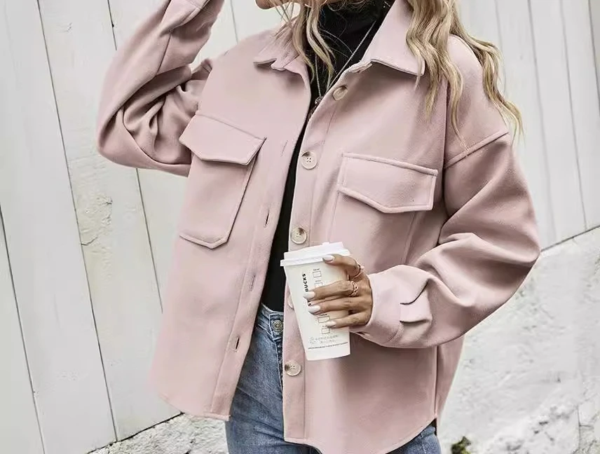 

2025 Spring and Autumn New Style Turn-Down Collar Single-Breasted Thick Solid Color Woolen Loose Coat Casual Fashion Versatile