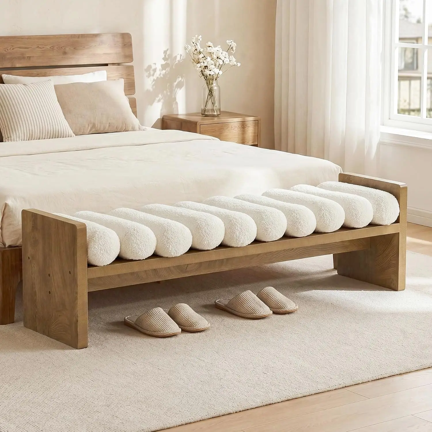 59'' Upholstered End of Bed Bench with Rolled Cushions, Wooden Entryway Bench with Cream Finish Boucle Fabric for Bedroom, Livin