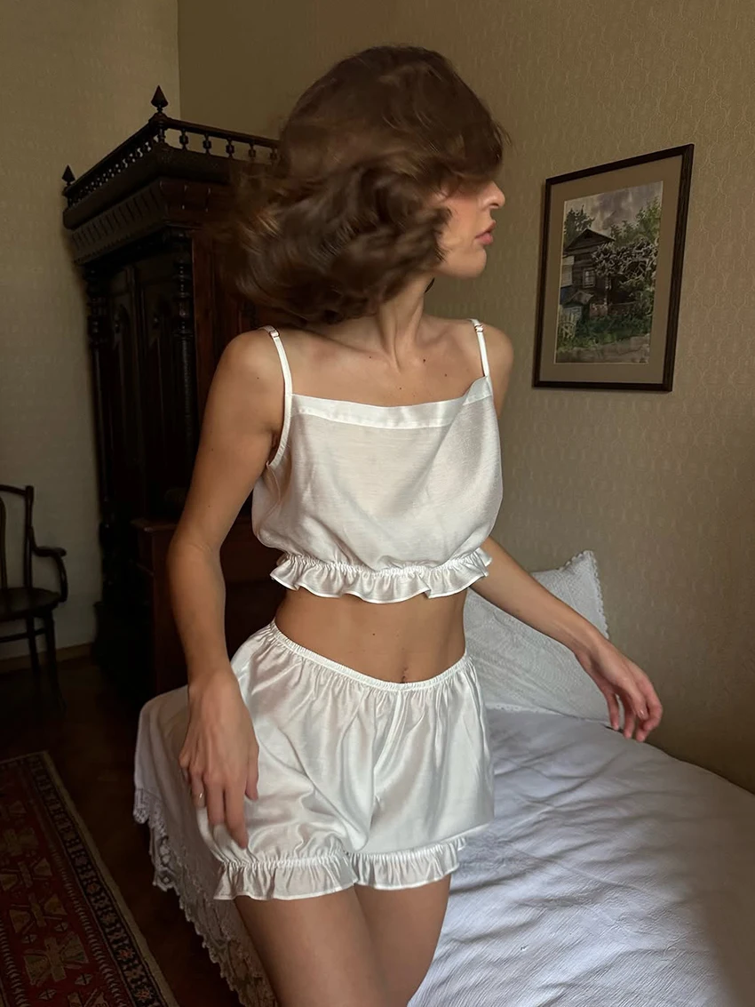 Marthaqiqi Summer Female Nightwear Suit Spaghetti Strap Sleepwear Tank Tops Pajamas Crop Top Nightgowns Shorts Women Nightie Set