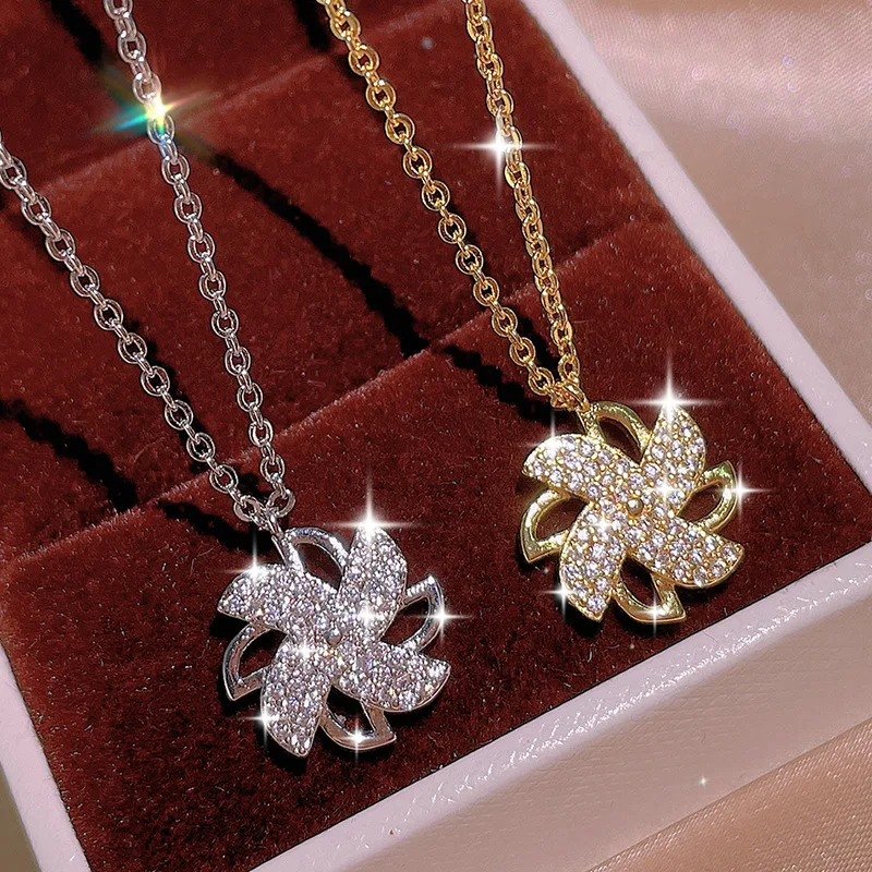 

2022 NEW Exquisite 18k Gold Super Flash Double-Layer Rotating Windmill Chain Pendant Necklace For Women Anniversary Gift Jewelry