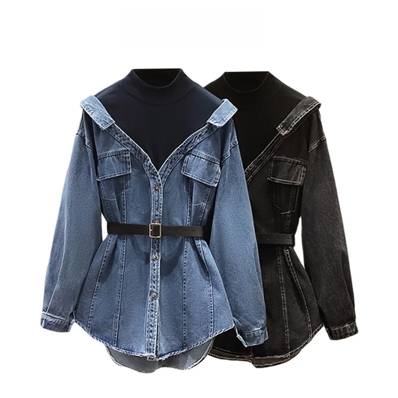 

Faionable Slimming Large Size Women's Denim irt Early Autumn Waist-Cinching Top Trendy Commute Sle Long Sve Button D...