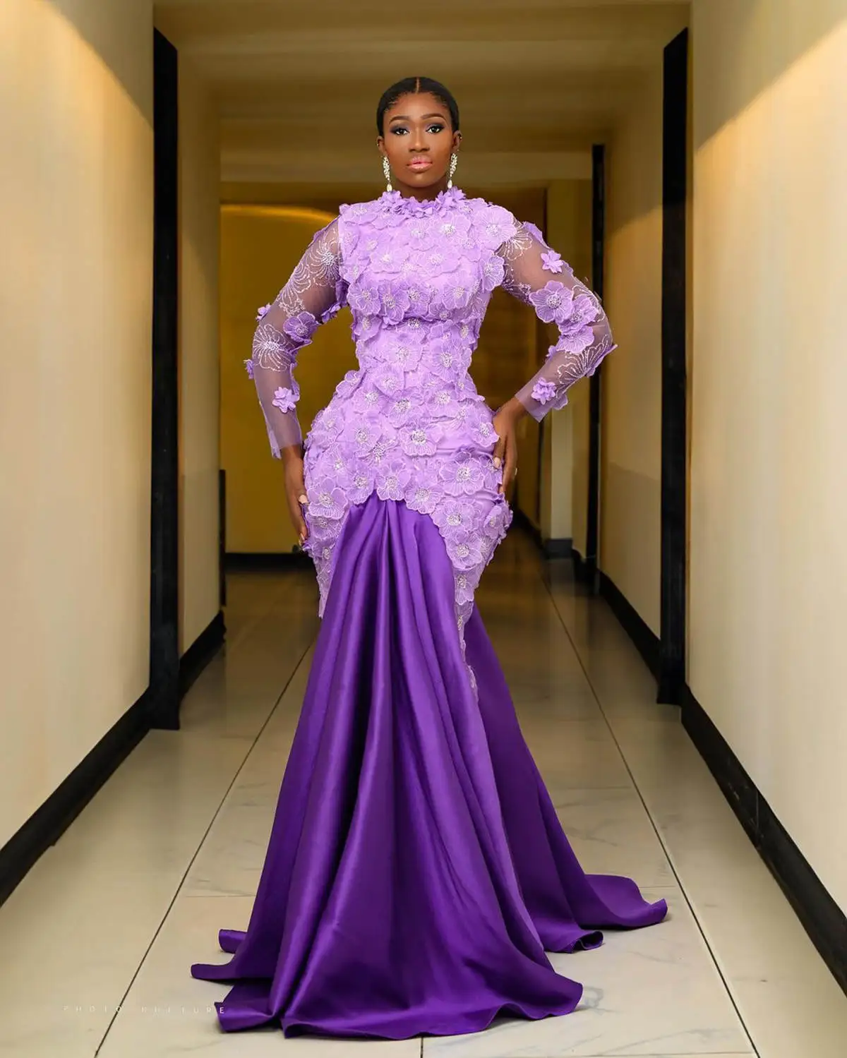 Abiti da ballo a sirena viola taglie forti arabi Fiori 3D Appliques Abiti da sera Abito formale da secondo ricevimento per feste a maniche lunghe