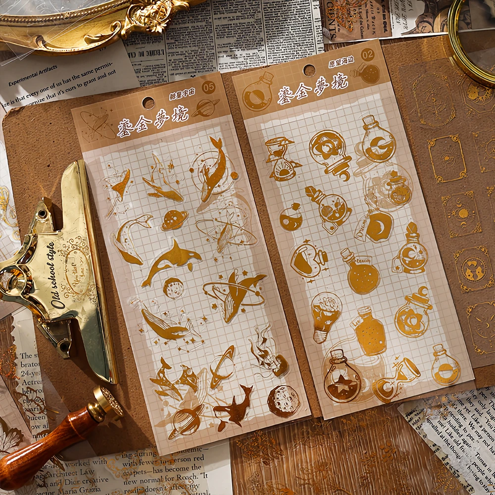 Golden Romance Series Vintage Journal Stickers Cute Scrapbooking Decoration Hologram Deco Butterfly Flower Whales DIY