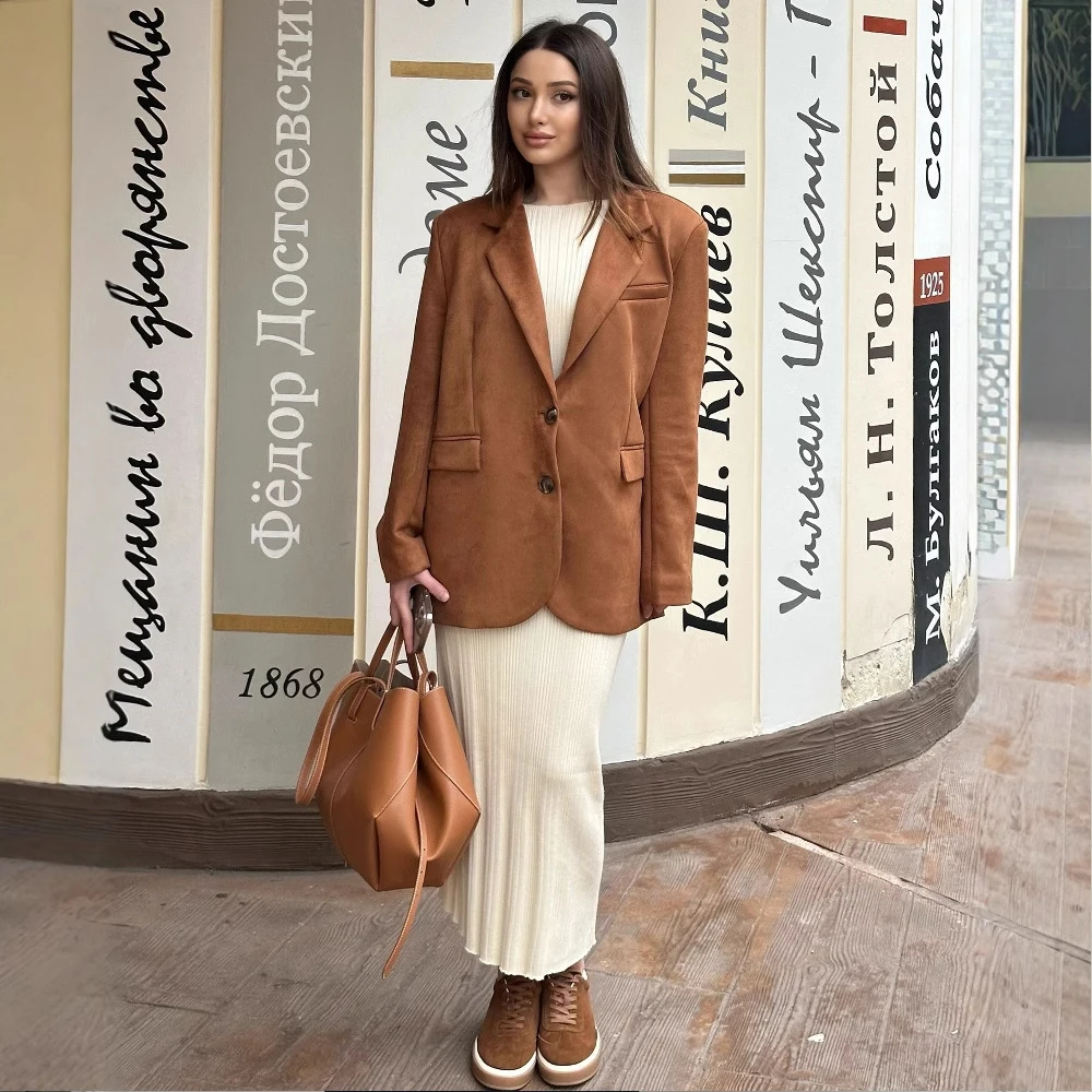 Tesco Casual Women Coat Light Brown Notch Lapel Single Breasted Jacket Flap Pocket Women's Blazer 2025
