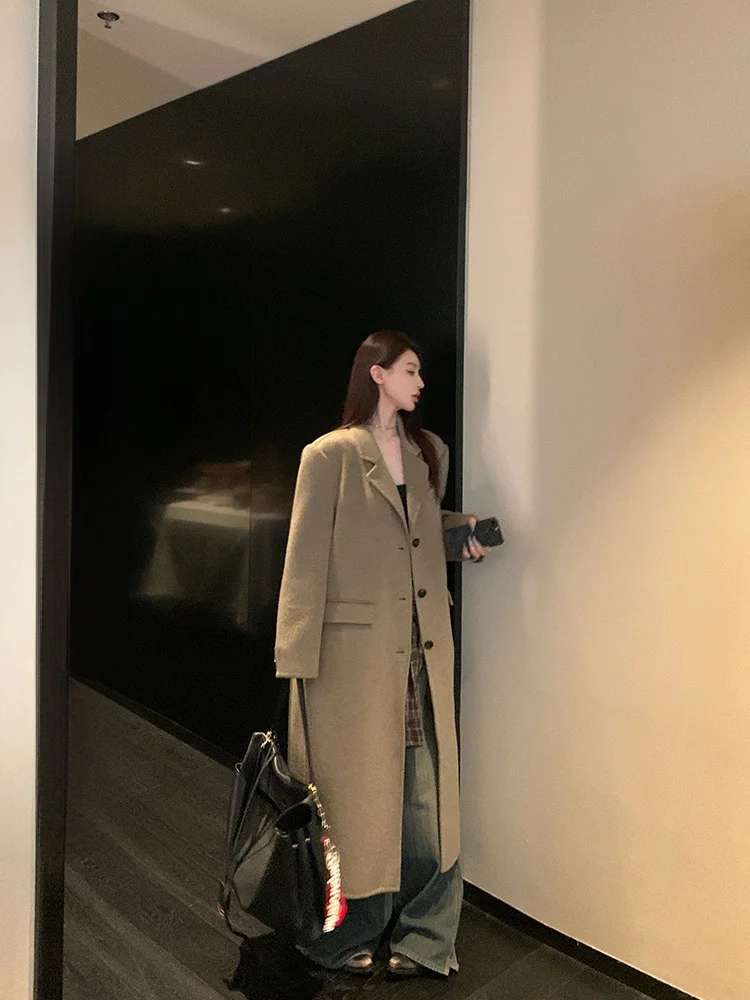 

Двустороннее шерстяное пальто Mis Вечерняя меховая верхняя одежда Осень-зима Прямой крой Простое длинное пальто Pure Color