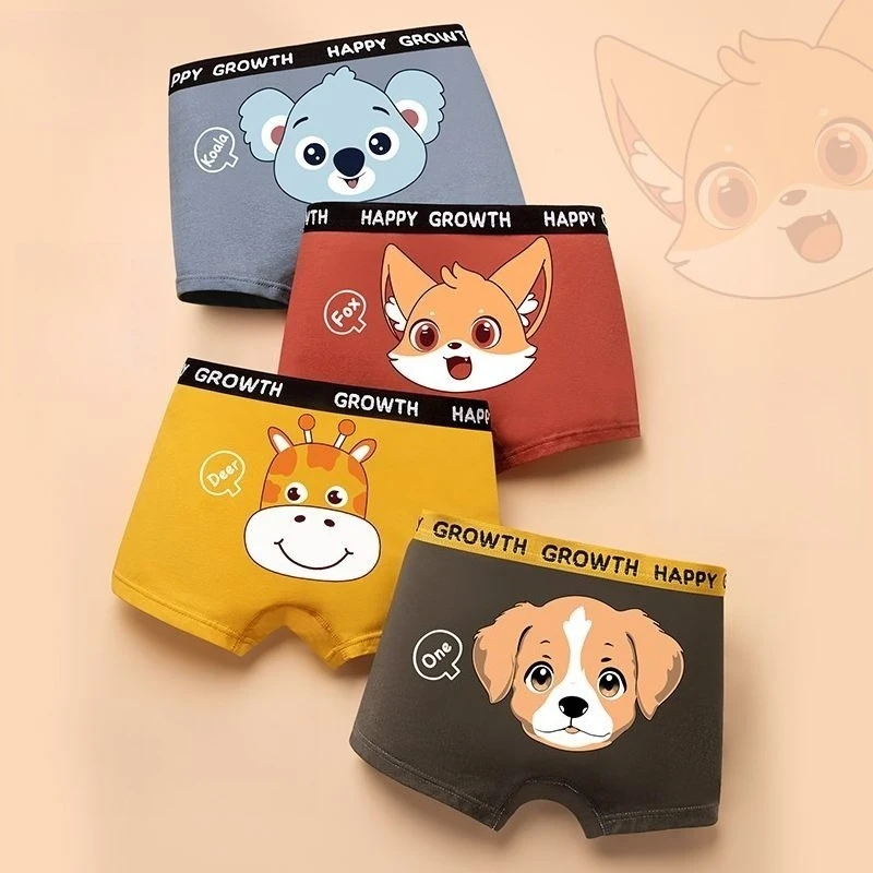 Baby Boys Cute Cartoon Boxers 2026 New Fashion Children Casual Animal Print Underwear 4Pcs/1lots Teenage Boys Cotton Underpants