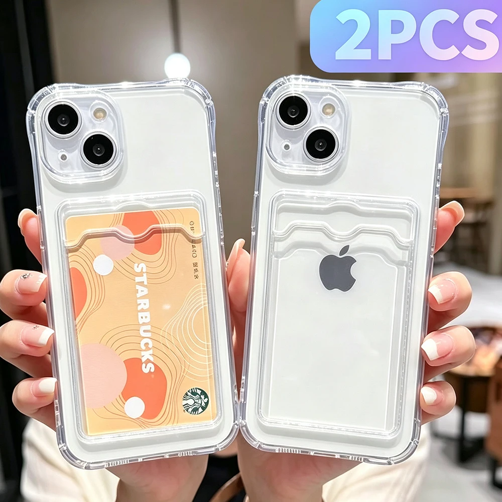 Lot de 2 Étuis Portefeuille Transparents avec Fentes pour Cartes pour iPhone 17 16 15 14 13 12 11 Pro Max XS X XR 7 8 Plus – Housse Souple Antichoc