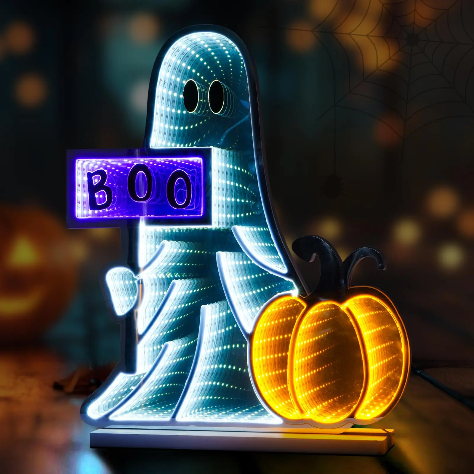 3D Mirror Tunnel Light Ghost Pumpkin Neon Sign Lighted USB Powered Wall Decor for Cute Spooky Boo Sign Halloween Party Shelf Hom