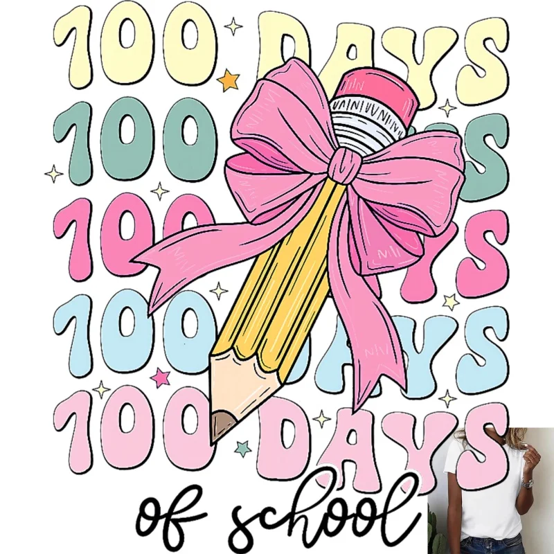 100 DAYS OF SCHOOL Heat Transfer White Ink Iron - on Patch, Colorful Pencil with Pink Bow Pattern, Suitable for Casual T -