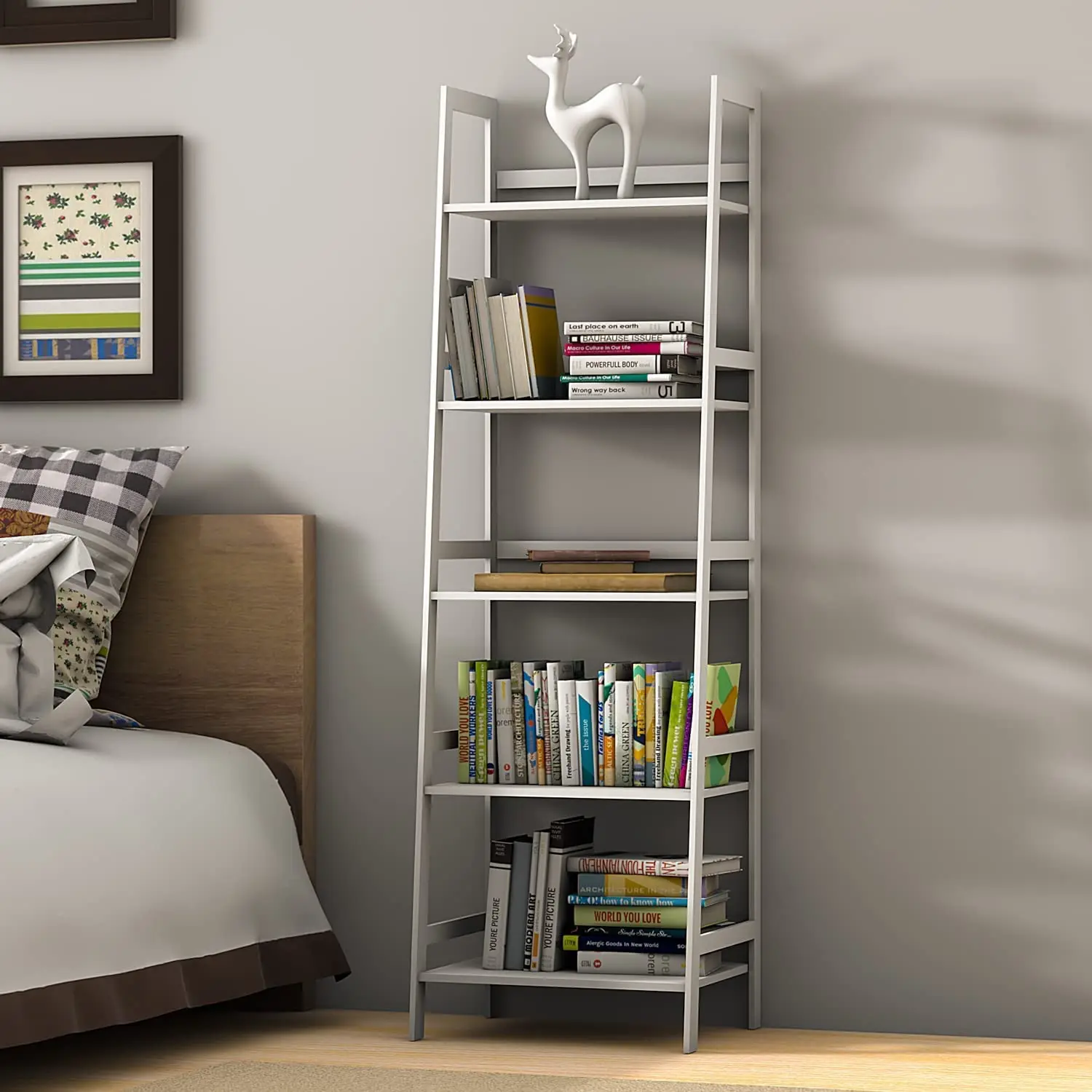 

WTZ Bookshelf, Ladder Shelf, 5 Tier Bamboo Bookcase, Modern Open Book Case for Bedroom, Living Room, Office, BC-238 White