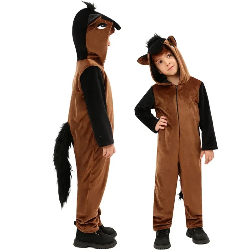 SN88 Brown Kids Horse Costume Outfit Girl Boys Party Role Play Dress Up Jumpsuit Mask Animal Onesie Halloween Cosplay Winter Pla