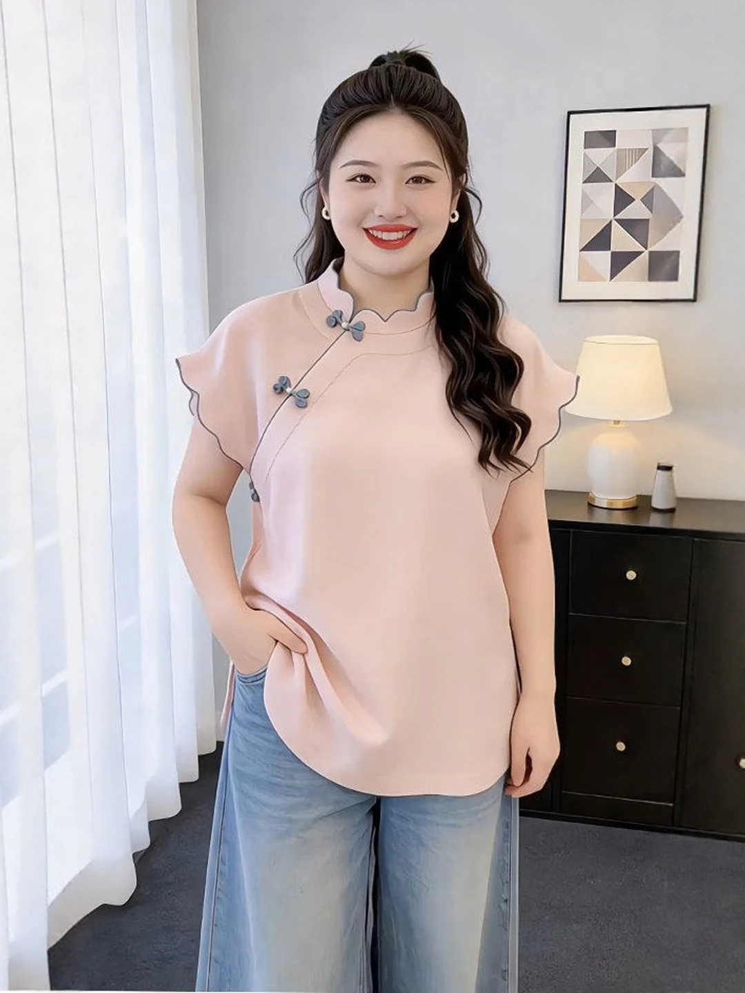 

Adorable Pink Short Sleeve Shirt Women's plus Size Summer New Style Chinese National Style Beautiful Top Li Qiqi Brand Commut...