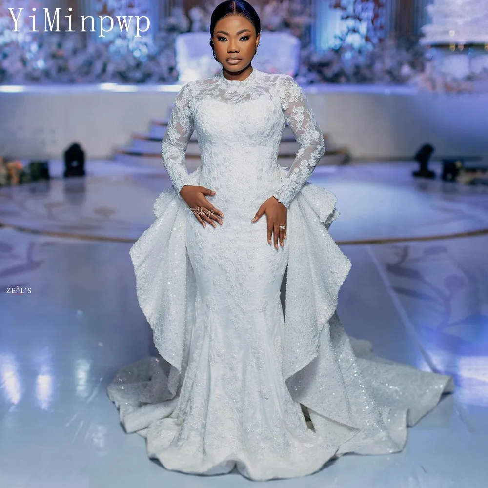 

Civil Nigerian Mermaid Wedding Dresses with Detachable Train O Neck Long Sleeve Sweep Train Lace Sequin Town Hall Bridal Gowns