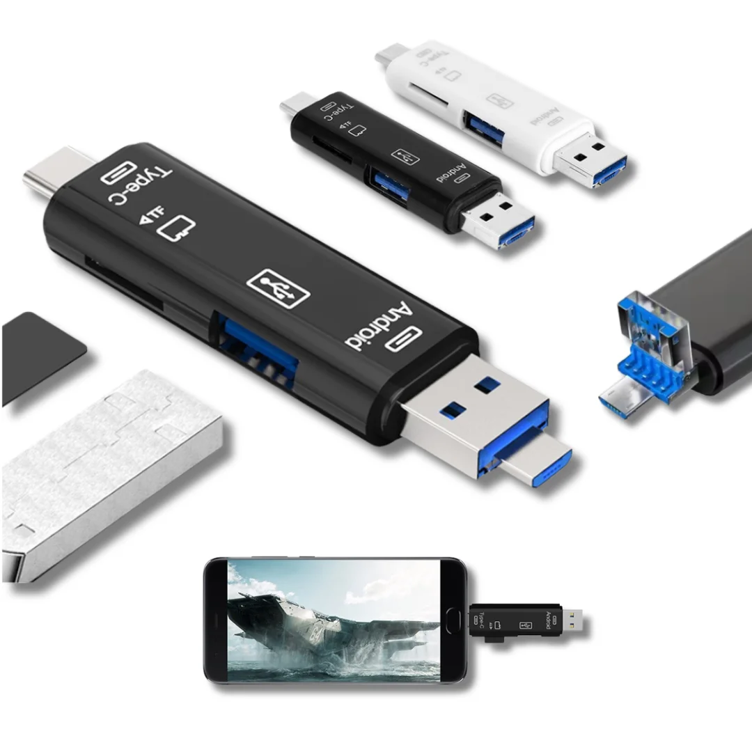 5-in-1 USB 3.0 Card Reader, SD/TF/Micro USB/Type-C OTG Adapter for Android/iPhone/PC/MacBook, Portable Multi-Function Hub