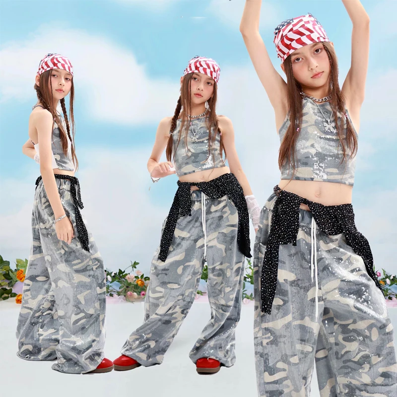 

Fashion Sequins Top Jogger Pants For Kids Hip Hop Clothing Street Wear Girls Jazz Costume Children'S Ballroom Dance Wear XS11334