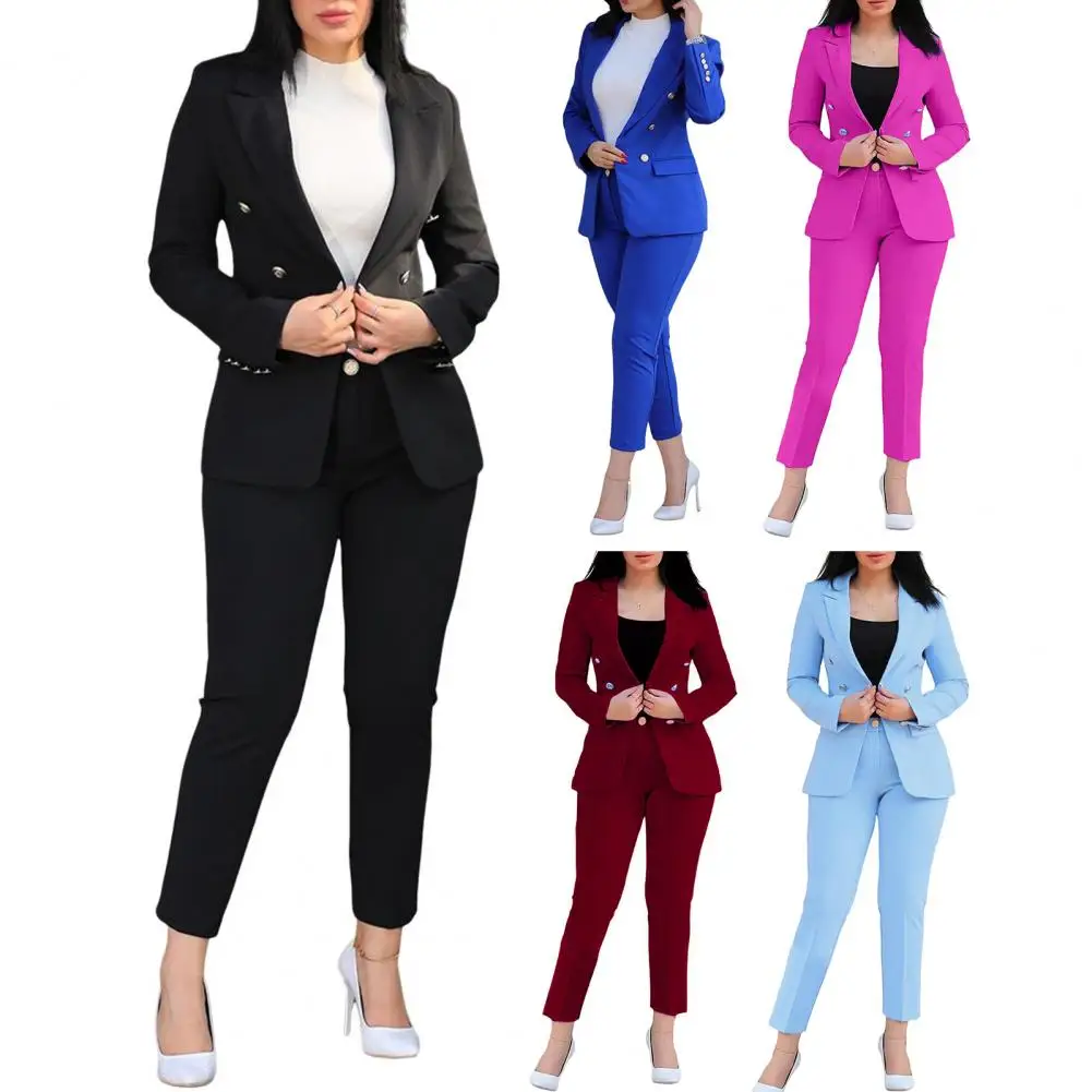 Ensemble Blazer et Pantalon pour Femme, Veste Droite à Manches sulfet Double lèvent, Tenue d'Affaires Formelle, Collection Automne, 2 Pièces/Ensemble