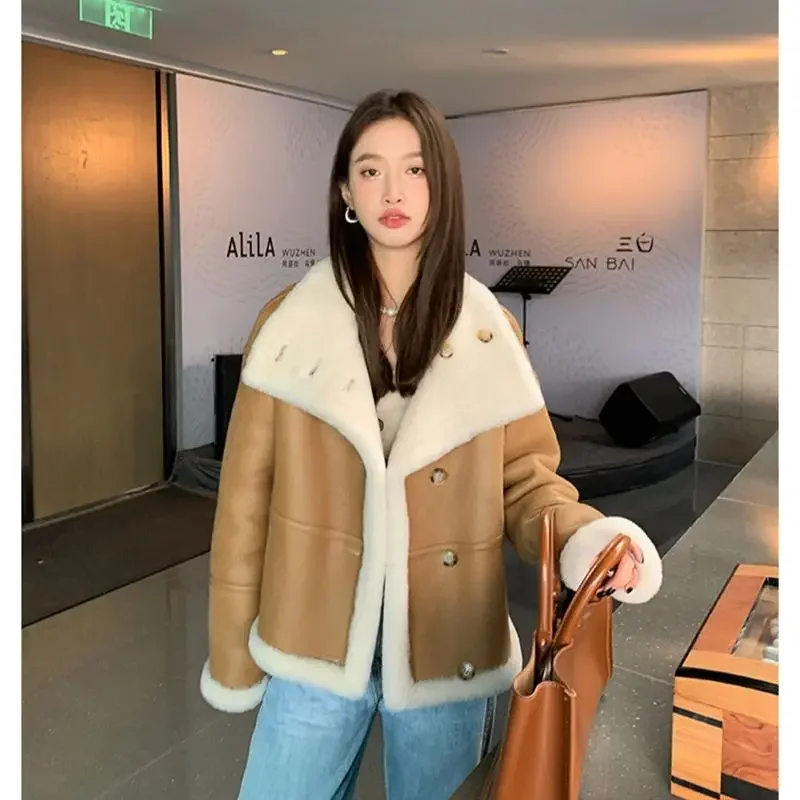 Lady 2024 Fashion Wool Jackets Women Fashion Real Wool Lamb Fur Coat Winter Faux Leather Jacket