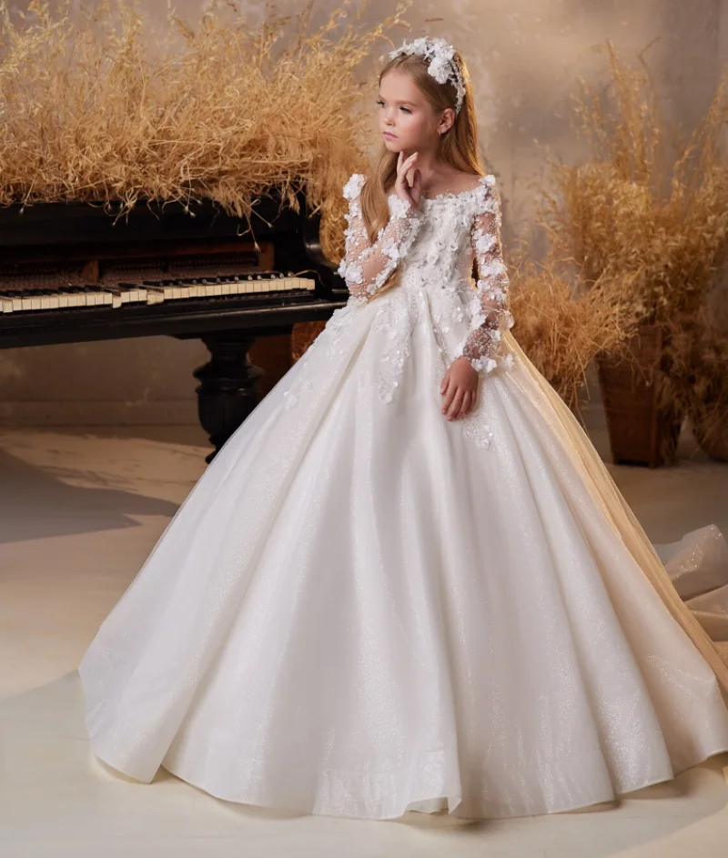 

Flower Girl Dress 3D Floral Applique Elegant Princess Kids Wedding Gown with Long Sleeve Girls First Communion Dress