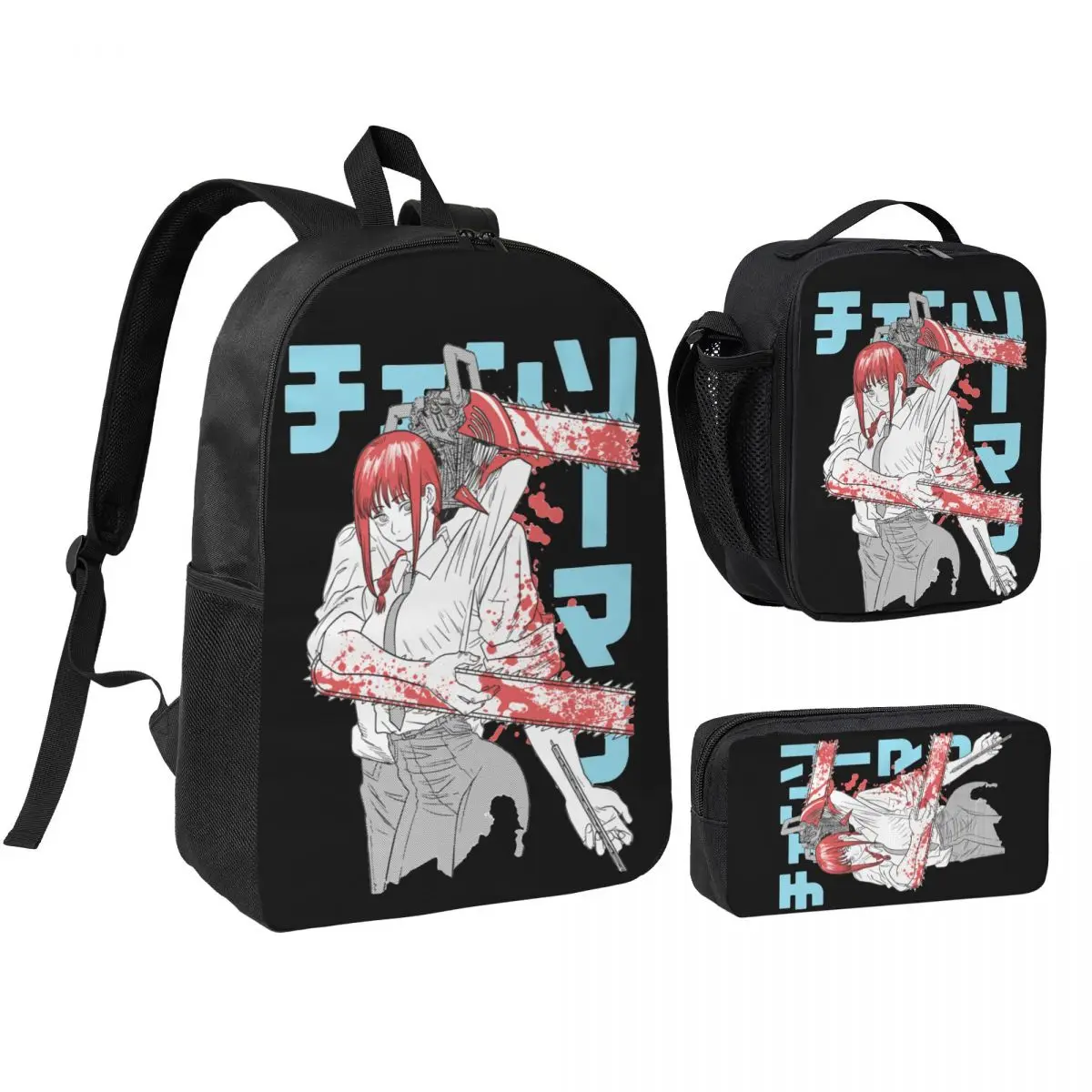Chainsaw Man Warrior 3pecs/set Backpack for Student Denji Devil Makima Anime High School Daypack Lunch bag Pencil Case