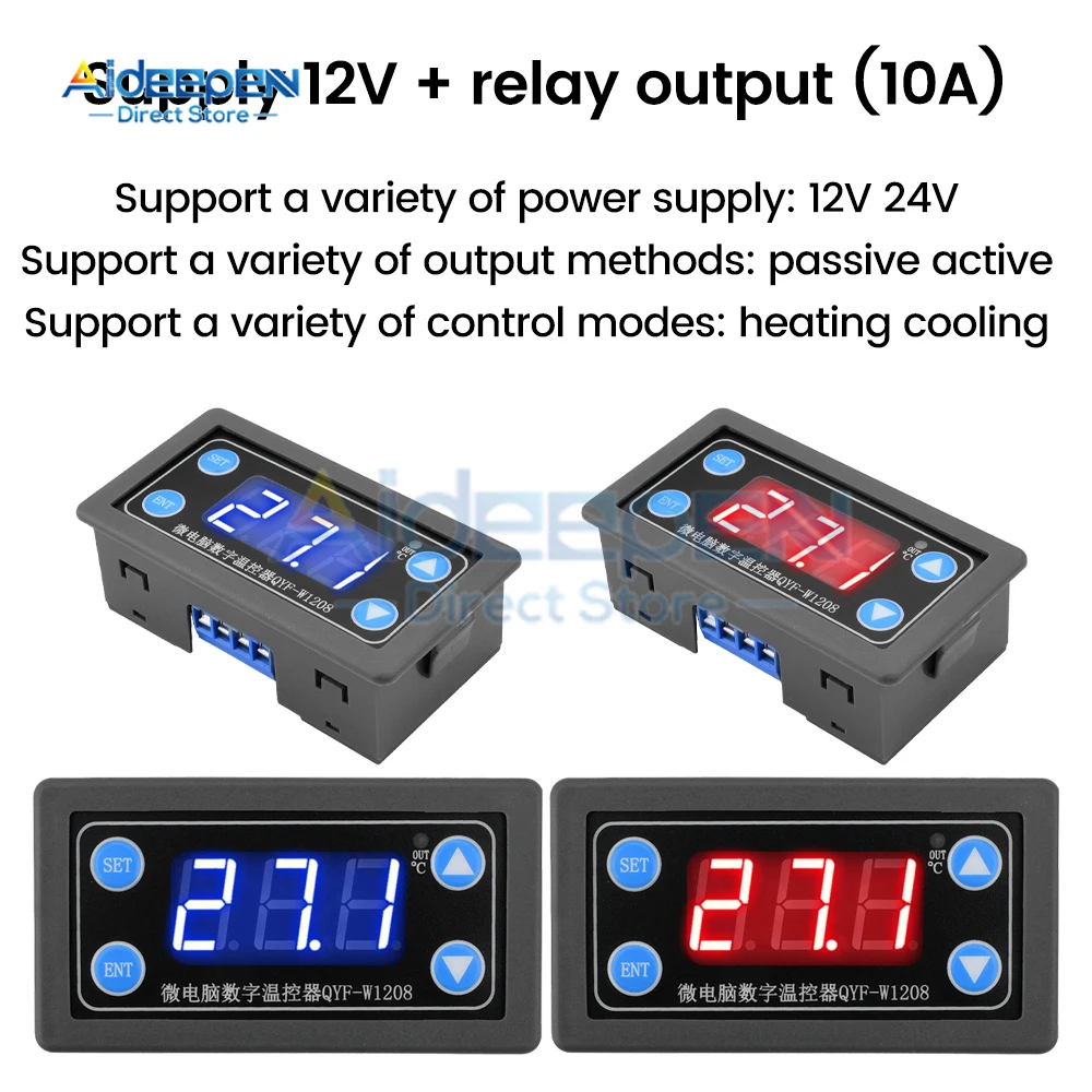 QYF-W1208 DC 12V 24V Thermostat Adjustable Digital Cool Heat Sensor LED Display Temperature Controller Thermostat Switch