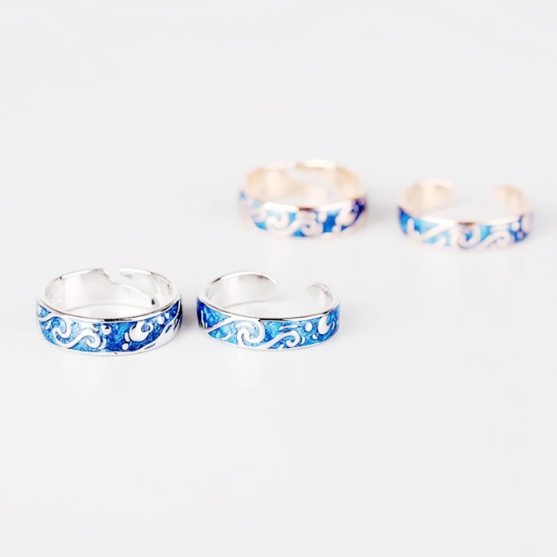 Sole Memory Van Gogh Starry Sky Couple Blue Drop Glaze 925 Sterling Silver Female Resizable Opening Ring For Women RI276