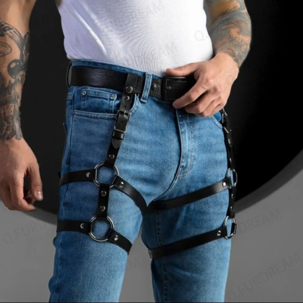 Sexy Leather Leg Harness Man Punk Stlye Thigh Harness Fetish Bondage Lingerie Waist To Leg Rave Festival Clothes Accessories