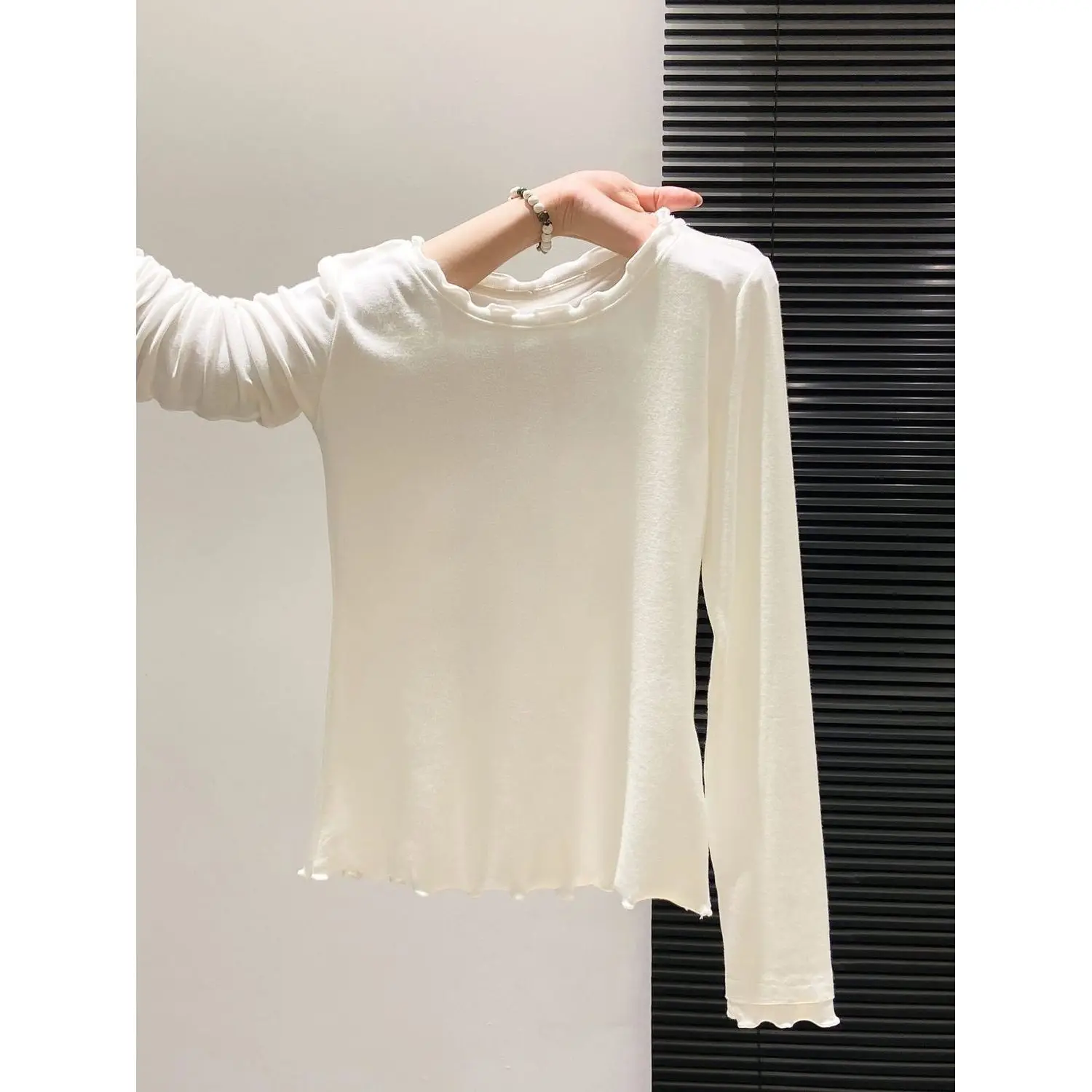Korean Style Simple Long Sleeve T-Shirt Women's Slim Fit Inner Wear Base Shirt Top Wood Grain  Autumn New Arrival