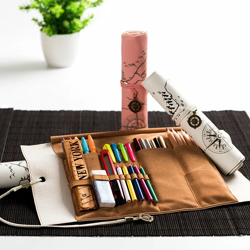 New Retro Roll Pencil Cases Leather Pencil Box Storage Pencil Bag Pencilcase Estuches Escolares School Supplies Pen Gift Box