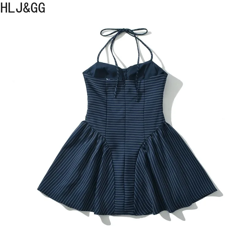 HLJ&GG Sexy Stripe Patchwork Bodycon Dresses Women Halter Sleeveless Backless Single Breasted Dress Female Streetwear Vestidos