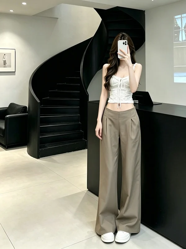 

Slimming Lace Wide Leg Pants Set Women's Summer Elastic Low Waist Two-Piece Suit Fashionable Commute Style mid Thickness