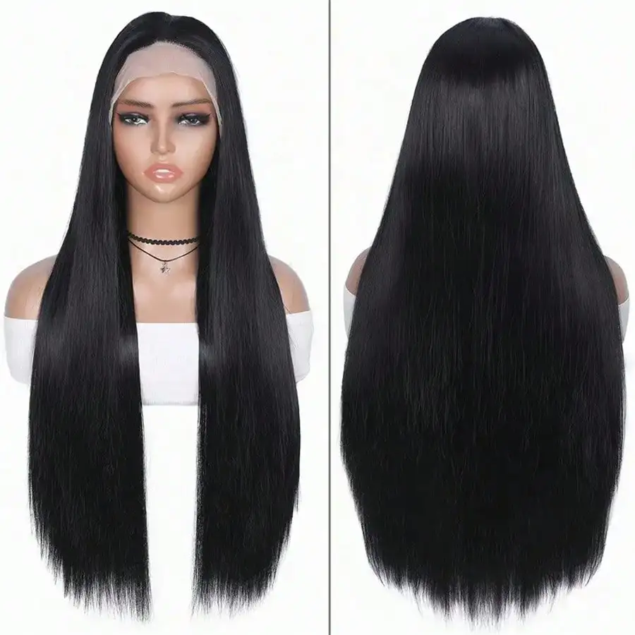 Perruques Lace Front Wig synthétiques noires réalistes pour femmes, 24 pouces, longues et lisses, 13x4, dentelle frontale naturelle, haute qualité, usage quotidien