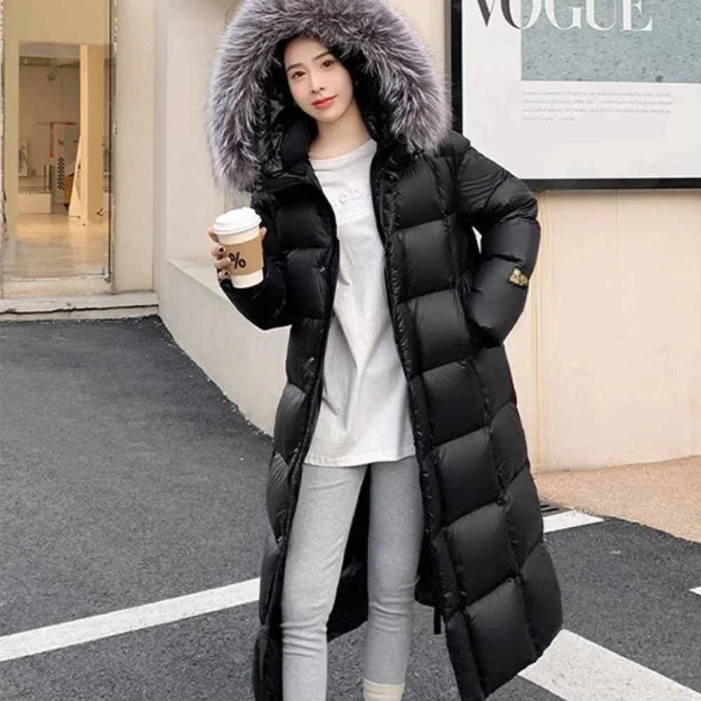 

Silver Fox Big Fur Collar Down Jacket Women Winter New Long Section Over The Knee White Duck Down Thickened Warm Hooded Overcoat