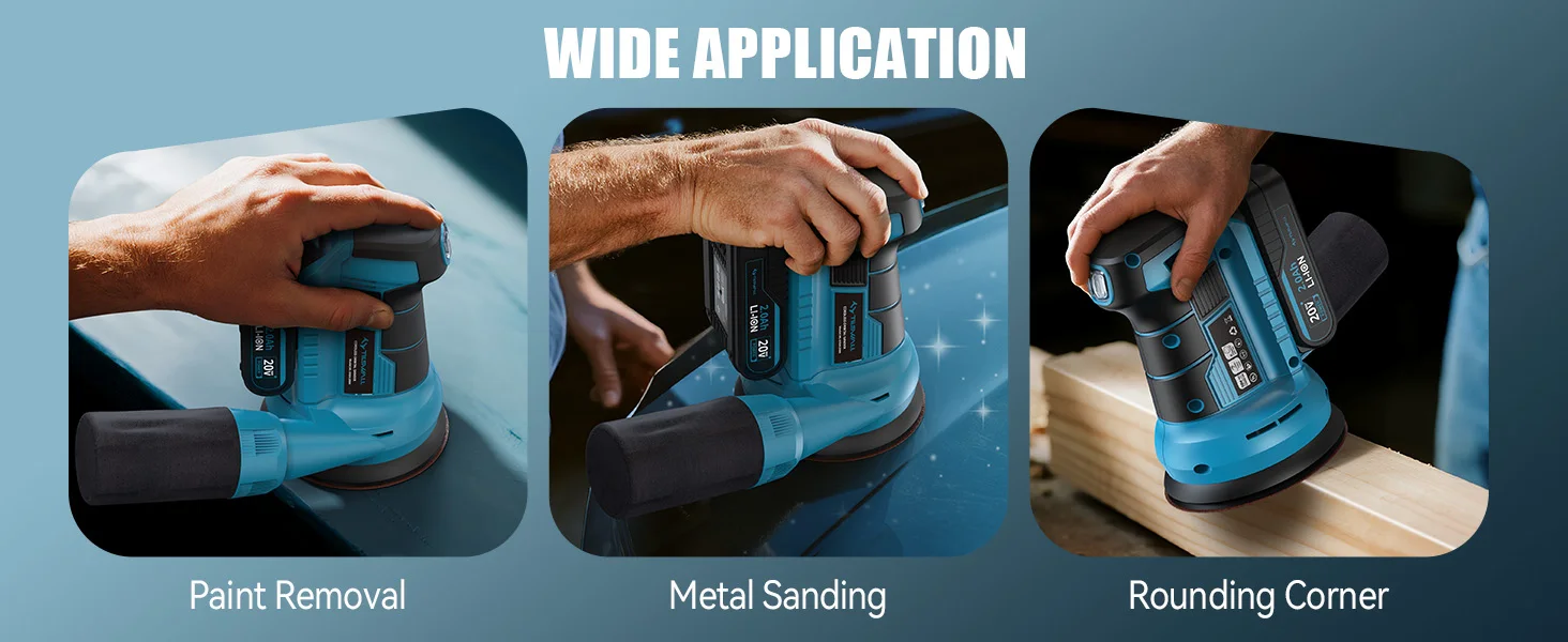 20V Cordless Orbital Sander 5'' Electric Palm Sander With Variable Speed 7000-11000 OPM Random Orbit Sander With Vacuum Dust Collector 2000mAh Battery & Fast Charger 12Pcs Sanding Discs For Woodworking Furniture (Blue)