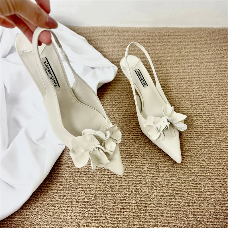 Pink High Heels Sexy Pointed Toe Slingback Shoes Design Flower Low Heel Office  Shoes White Pumps Chaussures Femme