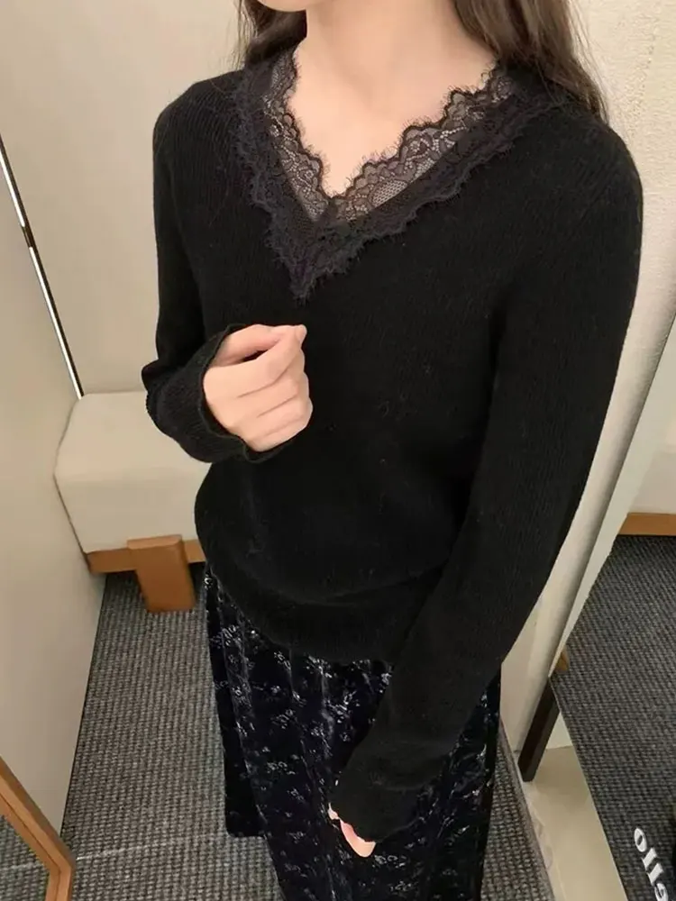Slim fit renda retalhos malhas macio e confortável feminino faion inverno novo sle v-ne longo sve cor versão coreana