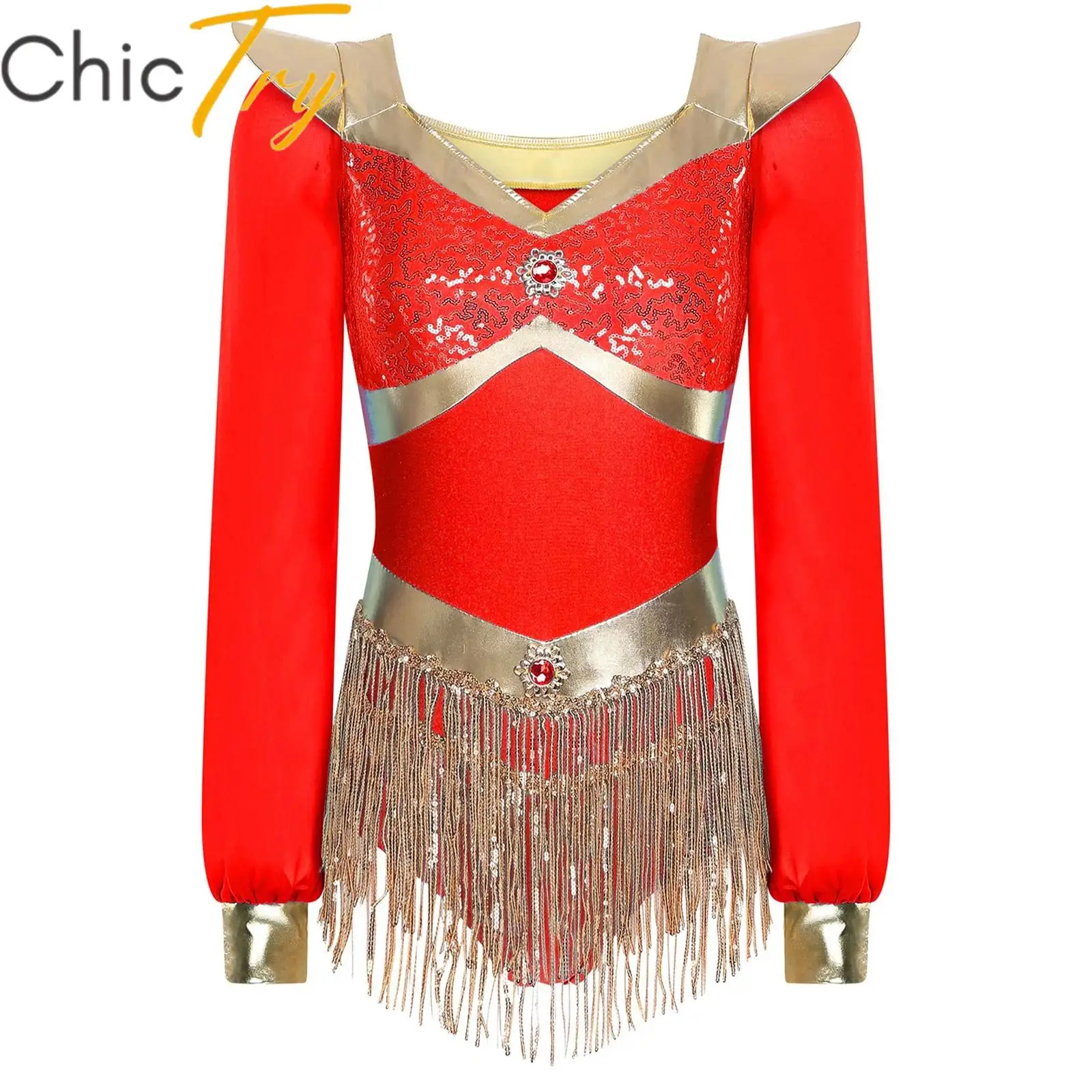 

Womens Arabian Princess Costume Carnival Dress Up Halloween Cosplay Leotard Long Sleeve Rhinestones Sequins Tassels Jumpsuit