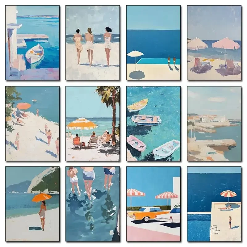Retro Beach Poster Boho Beach Art Coast Italy Landscape Prints Modern Coastal Art Canvas Painting Wall Pictures Home Room Dec