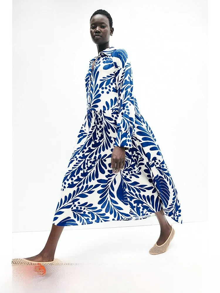 

H&M Women's Dress Casual Summer Loose round Neck Long Sleeve Printed Maxi Skirt mid Island Style 1263590 Fashion Ladies' Gown