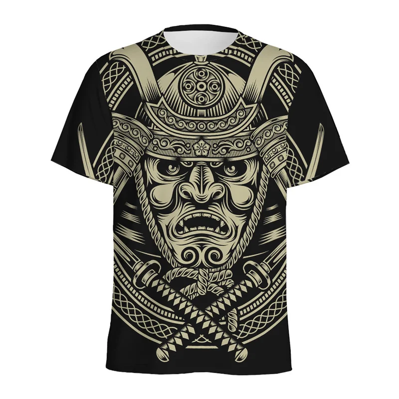 Japanese Samurai Mask Pattern T Shirt For Men 3D Printed Warrior Tees Tops Round Neck Short Sleeves Streetwear Loose T-shirt