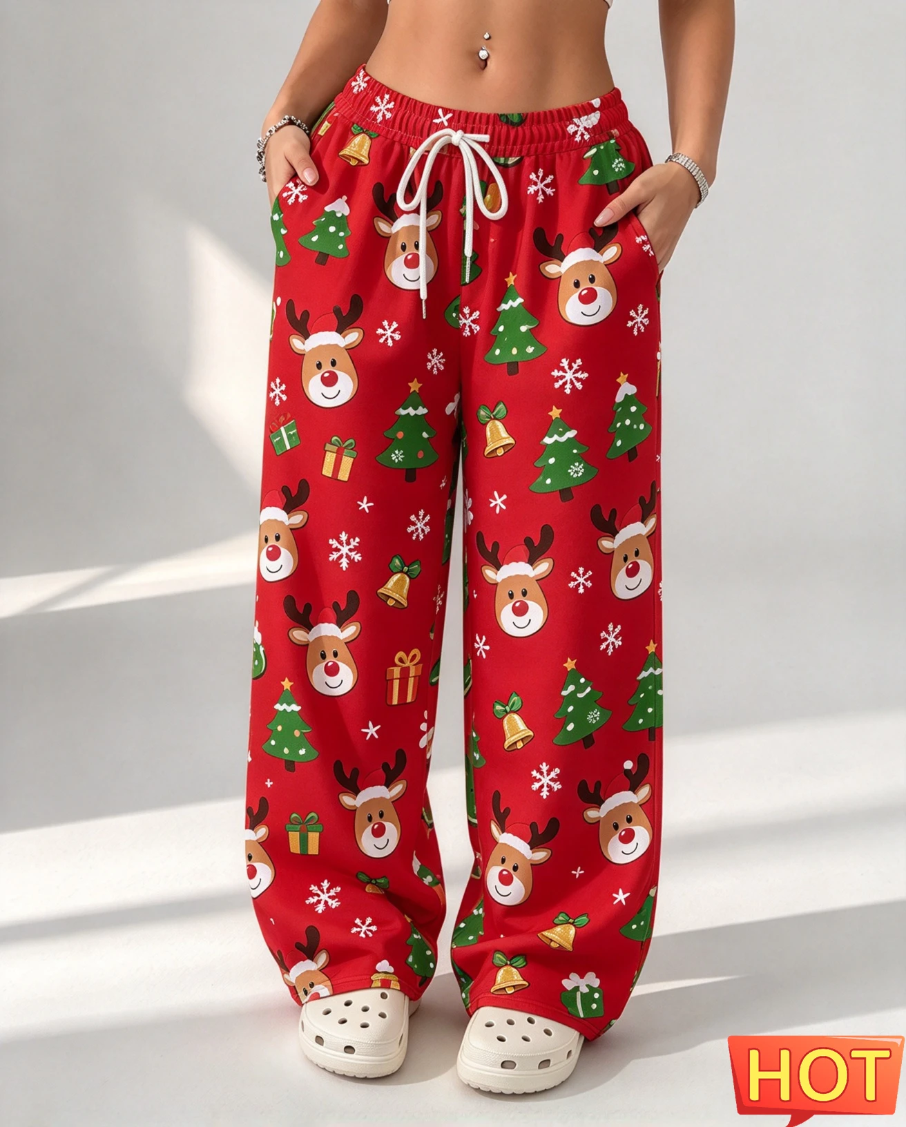 Cartoon Christmas Reindeer Print Female Pants Funny Santa Claus Pattern Wide Leg Pants Casual Loose Home Pants Woman Clothing