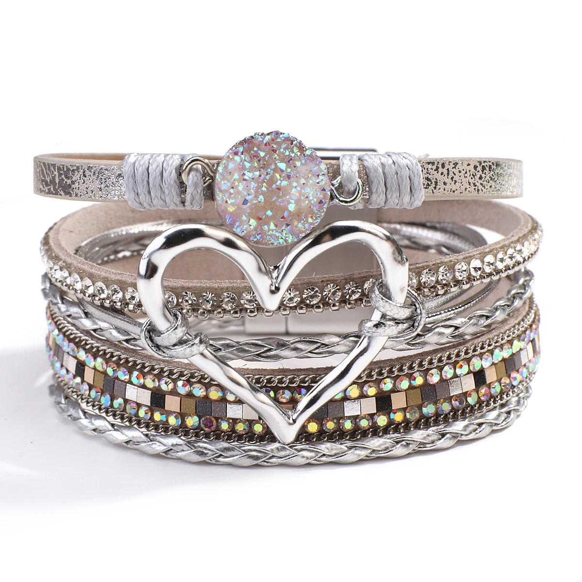 Amorcome mode tressé en cuir Wrap Bracelets Bracelets multicouche résine pierre creux coeur Bracelets porte-bonheur femmes cadeau Pulseira