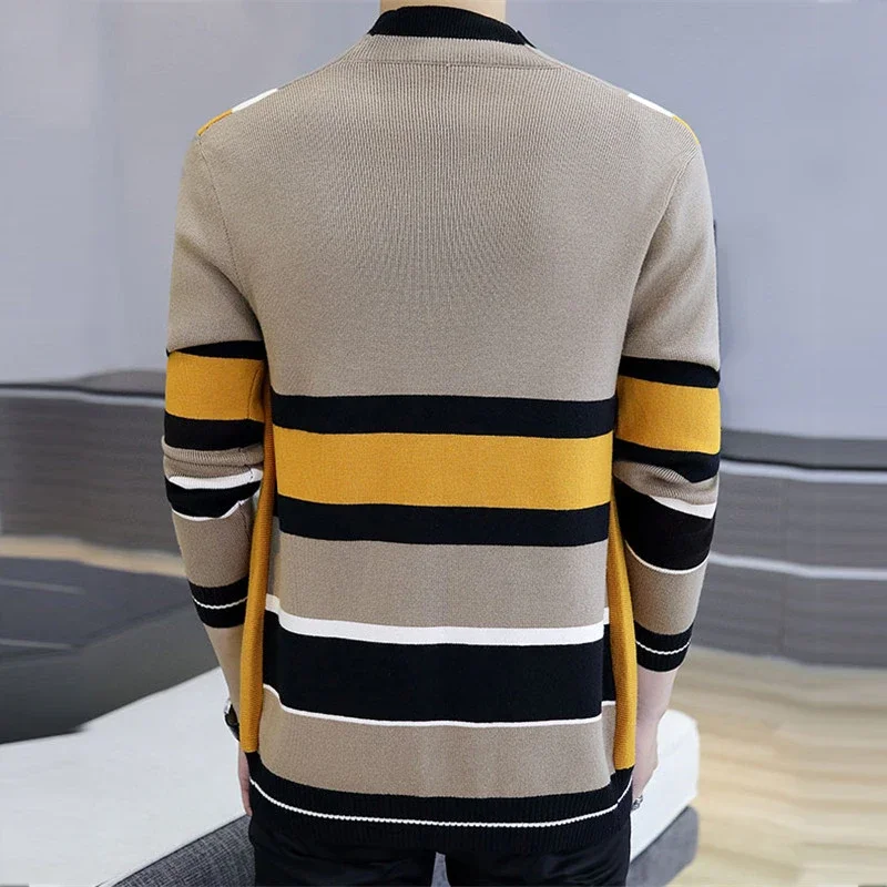 Cardigan de malha manga comprida masculino, suéter listrado, casaco justo, streetwear, jaqueta de moda, primavera, outono