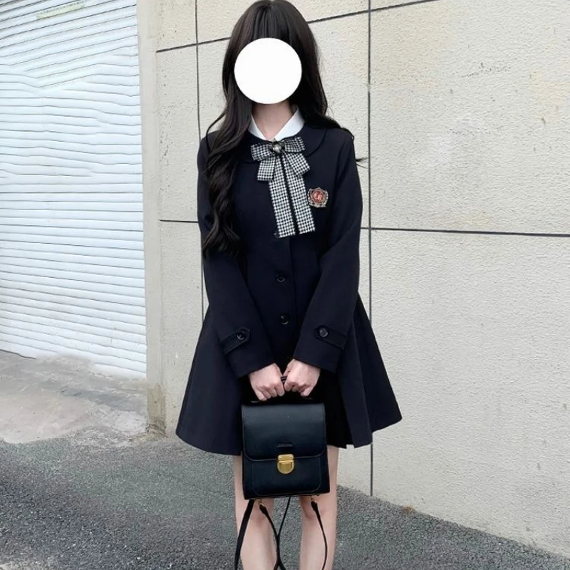 Japanese Preppy Style Sweet Lolita Coat Women Harajuku Gothic Bow Button Slim Cloak Trench Korean Fashion Y2k Jk Uniform Jackets