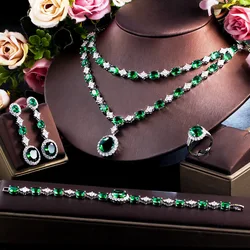 ThreeGraces 4pcs Elegant Bridal Necklace Set for Women Green Cubic Zirconia Wedding Dubai Saudi Party Costume Jewelry TZ673