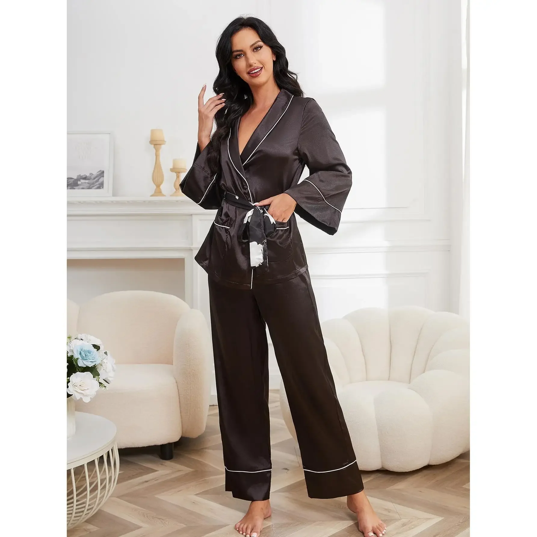 

Women's Home Clothes Autumn and Winter Tie Long Sleeve Trousers Two-piece Pajamas Women Пижама