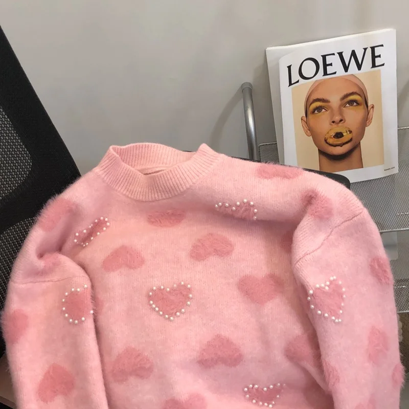 Sweater Rajut Pink Wanita Lembut Nyaman Santai Retro Manis Longgar Motif Hati Kamera Musim Gugur Musim Dingin Fashion Bulat Leher...