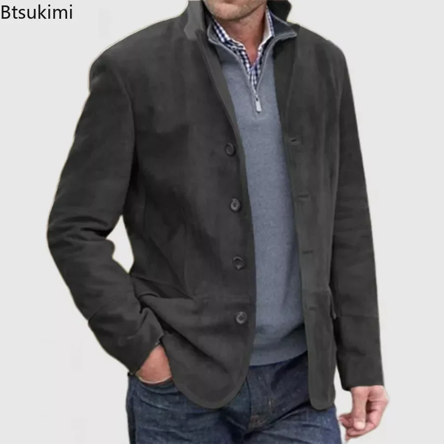 New2024 Men's Casual Jacket Coats Vintage Turn-down Collar Blazer Autumn Winter Button-up Slim England Thicken Outerwear for Men