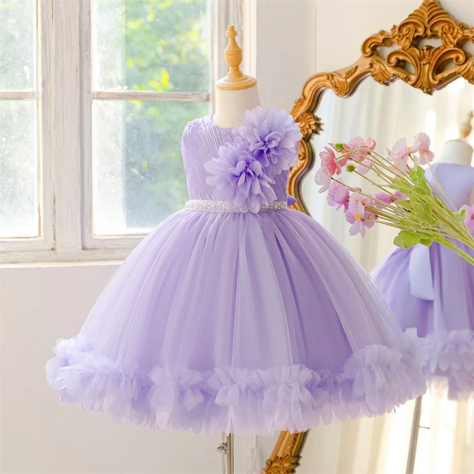 Girls Lavender Sleeveless Princess Dress Kids 3D Flower Tulle Puffy Gown Toddler Birthday Party Flower Girl Wedding Dress ASQ03